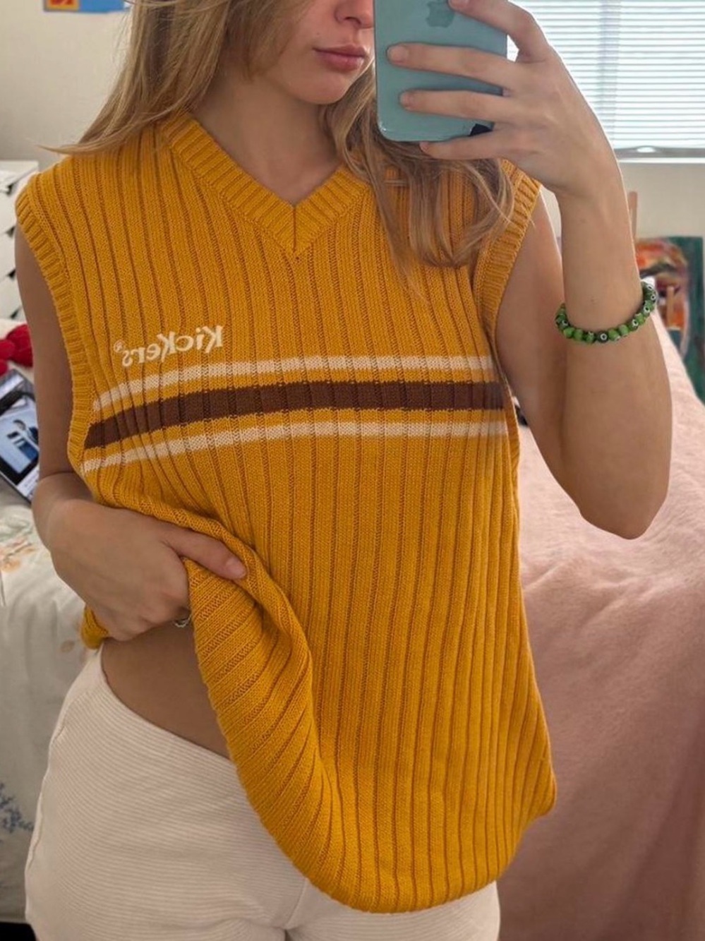 Kickers Mustard Ribbed V-Neck Sleeveless Knit Tank with Stripes